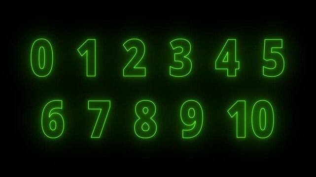 Neon glow 0 to 10 text number sign animation on black background. neon green color 0 to 10 numbers animated. 4k video