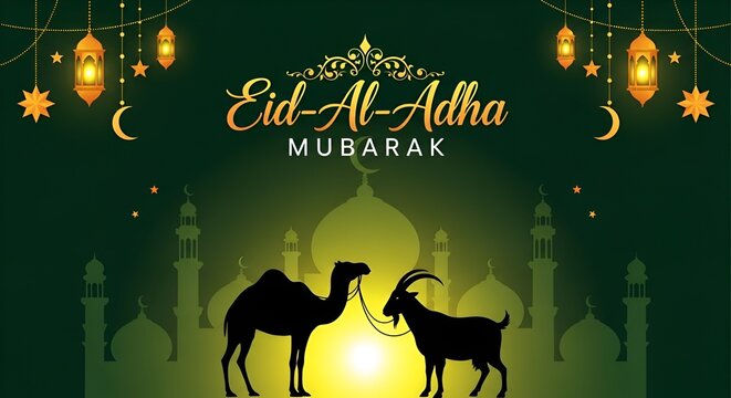 Traditional bakrid festival golden shiny card dersign with mosque, lights, moon, goat, camel and gradient background