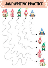Fototapeta premium Handwriting practice worksheet with tracing paths and curved lines. Kids learning sheet with gnome and spring illustrations