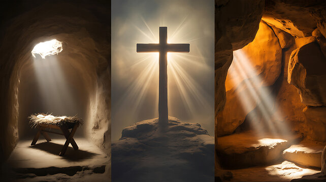 Three panels showing nativity manger with bright light glowing cross on hill and empty tomb cave for christian story of birth death and resurrection religious conceptual background art