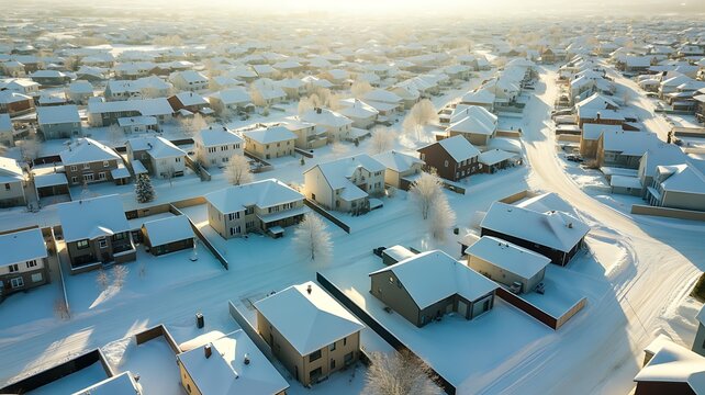 aerial view of residential community in winter after snow under sunlight