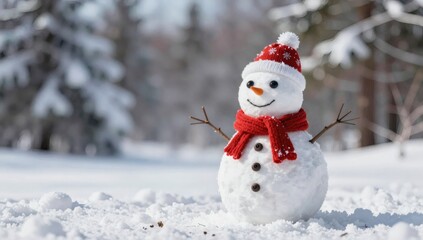 Fototapeta premium Happy snowman standing in a snow covered field on a sunny winter day
