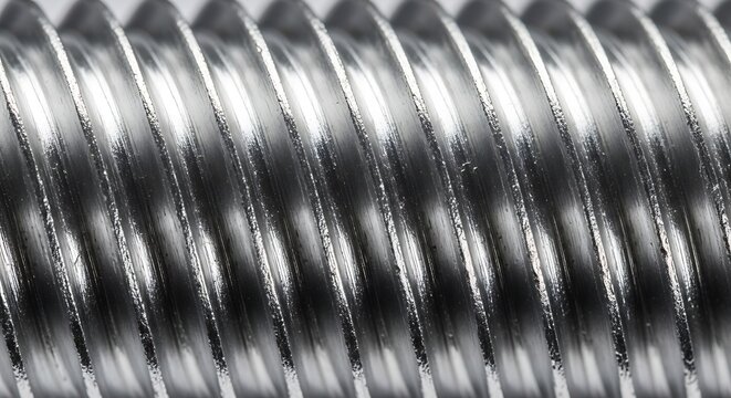 Macro close-up shot of a metallic steel screw thread texture