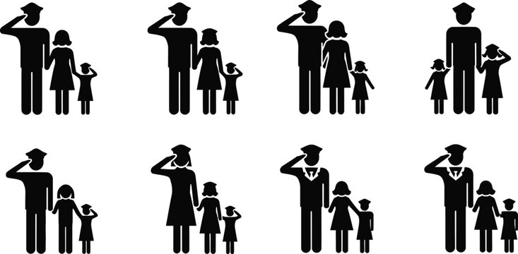 Military personnel icon set saluting soldiers families and patriotic symbols for defense and armed forces graphics