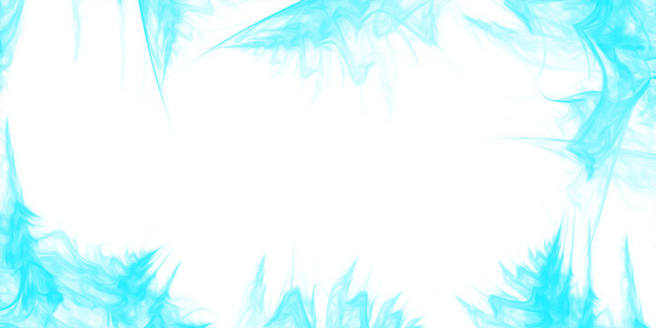 Abstract light blue cyan frosty fractal flame frame border on white background with procedural icy textures for winter designs and modern cold aesthetic graphic resource compositions