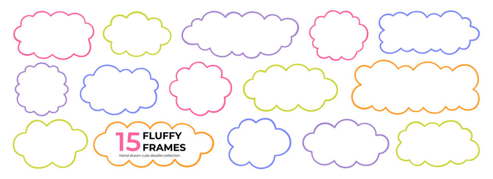 Cloud fluffy frames and text boxes doodle set. Hand drawn rectangle label borders and cute bubble shapes. Vector illustration isolated on transparent background