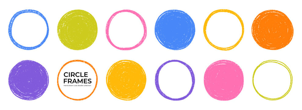 Circle crayon frame and chalk handwriting round border doodle set. Line color text box with childish pencil texture. Hand drawn vector illustration isolated on transparent background