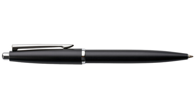 Isolated elegant black ballpoint pen with shiny chrome details for office and writing