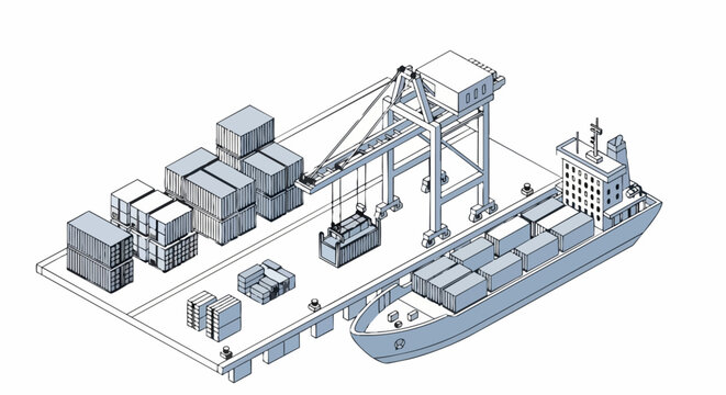 Isometric Logistics Port Illustration with Cargo Ship and Container Crane