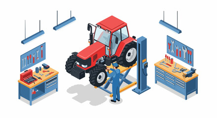 Isometric Illustration of a Red Tractor Undergoing Maintenance in a Professional Repair Workshop with a Mechanic and Tools © Bobby