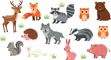 Naklejka premium Cute Forest Animals Collection with Fox, Deer, Bear, Raccoon, Owl, Wolf, Rabbit and More Adorable Flat Vector Wildlife Illustrations for Kids Design.