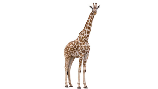 Isolated giraffe standing gracefully, looking directly at the camera, beautiful African mammal