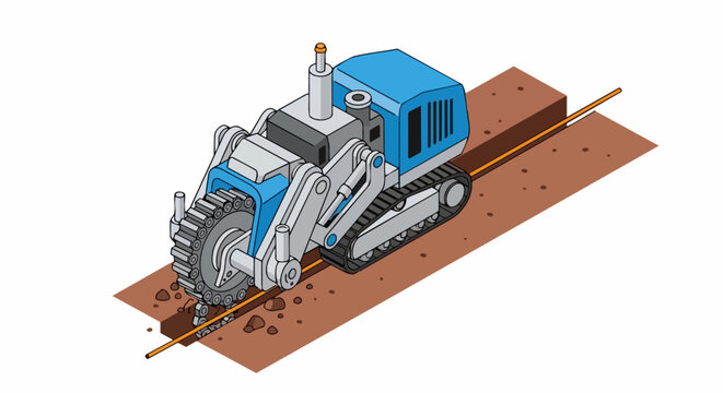 Isometric Illustration of a Heavy Duty Trencher Machine Digging a Trench for Underground Utility Cable Installation