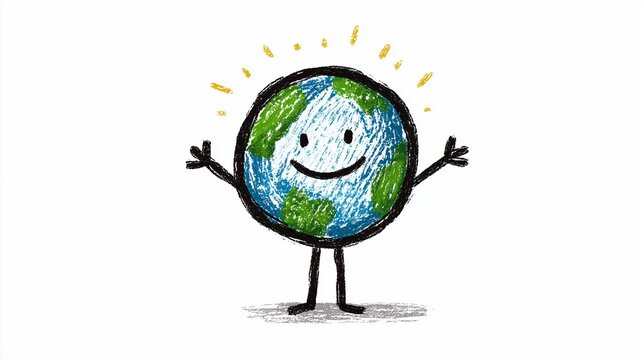 Cheerful cartoon earth character with a smiling face and outstretched arms, promoting environmental awareness in a playful style for educational and marketing purposes, cartoon, playful, happy