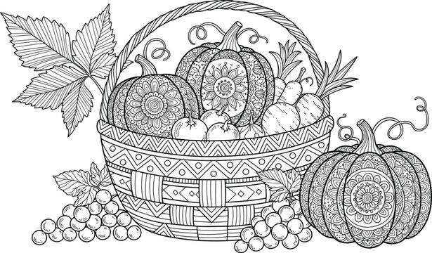 Intricate Mandala Style Autumn Harvest Basket Vector Illustration Featuring Pumpkins Grapes and Vegetables with Zentangle Patterns for Adult Coloring BooksIntricate Mandala Style Autumn Harvest Basket
