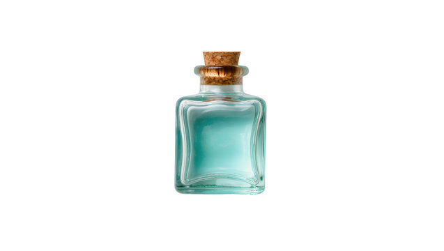 Isolated elegant square glass bottle with cork stopper, filled with aqua blue liquid.