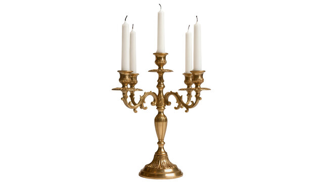 Isolated ornate gold brass candelabra with five elegant white candles, classic vintage centerpiece