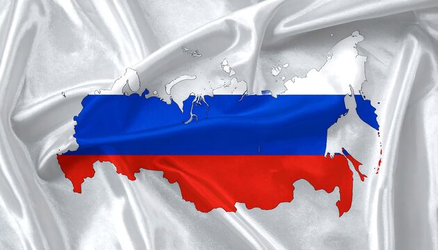Russia map overlayed onto draped white fabric, showcasing the nation's colors, blue, white, and red