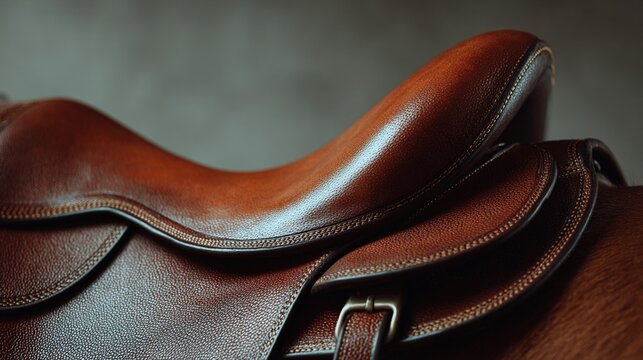 Elegant brown leather saddle close-up in a minimalist indoor setting for equestrian advertising and branding, classic, elegant, ideal for advertising, marketing campaign, equestrian branding