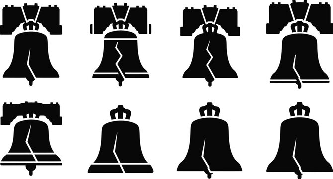 Liberty bell icon set diverse black white illustrations for historical patriotic and american symbolism designs