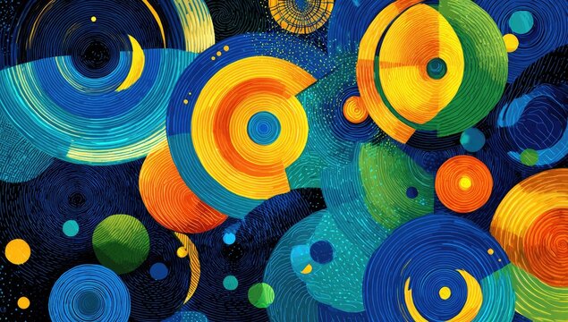 Abstract colorful circles and rings on a dark textured background