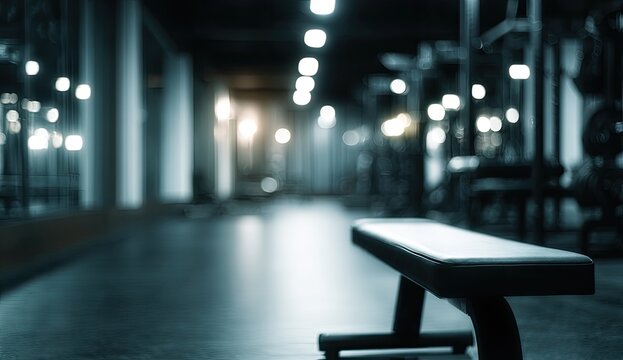 Empty gym with blurred equipment and focused workout bench