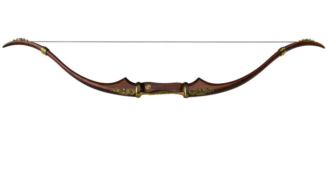 Isolated ornate wooden traditional bow with gold decorative elements for fantasy shooting