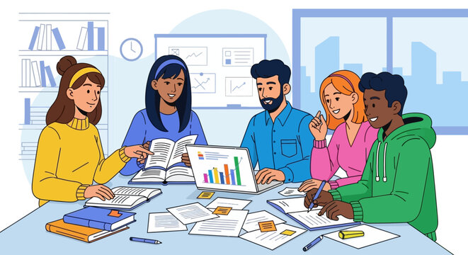 Diverse group of people in meeting.