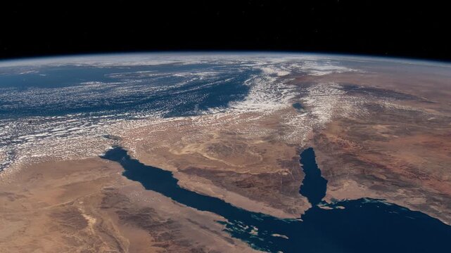 Flying over Sinai Peninsula Egypt with Earth curved horizon satellite view from space based on Nasa imagery