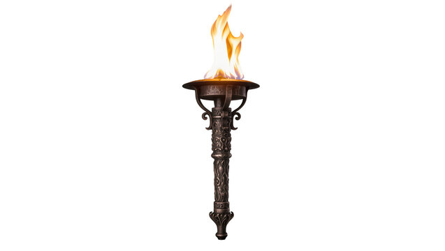 Isolated old style ornate metal torch with burning fire flame for light and ceremony