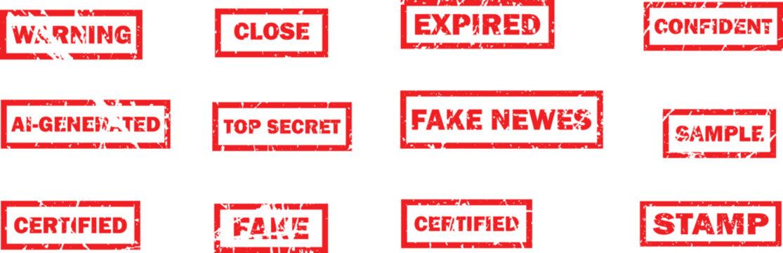 Rubber stamps with various messages and labels on white background