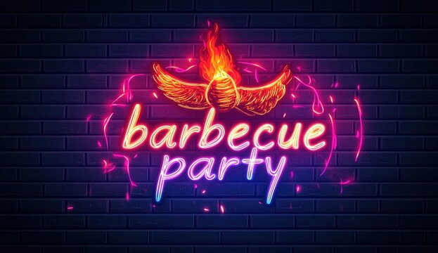 Barbecue party neon sign with flaming bird graphic on dark brick wall background.