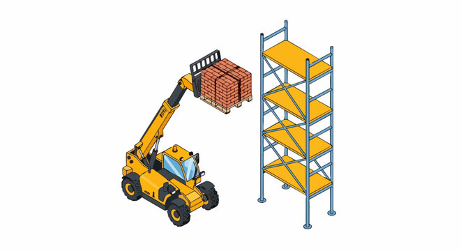 Isometric Telehandler Lifting Brick Pallet to High Storage Rack - Construction and Warehouse Logistics Concept