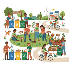 Naklejka premium Illustration of diverse people engaging in eco-friendly activities like recycling, planting trees, and using renewable energy, promoting sustainable living and environmental protection in a
