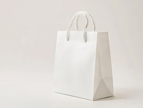 White paper shopping bag with rope handles isolated on soft cream background for branding.