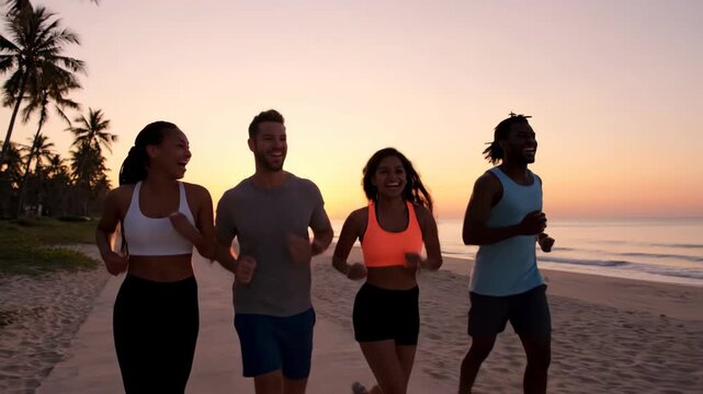 Group of friends jogging on the beach at sunrise for fitness