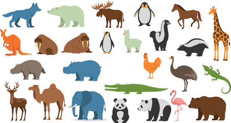 Obraz premium Cute Wild and Farm Animals Collection with Elephant, Panda, Giraffe, Horse, Penguin, Bear, Camel and More Flat Vector Illustrations for Kids Design.