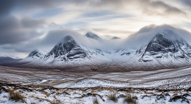 Snowy mountain range landscape