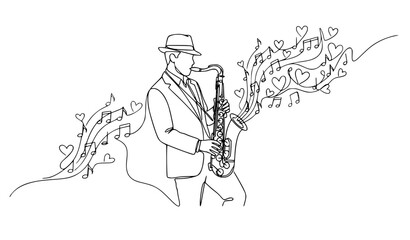 Dynamic continuous line drawing jazz saxophone player with musical notes and hearts modern vector illustration © Romjan