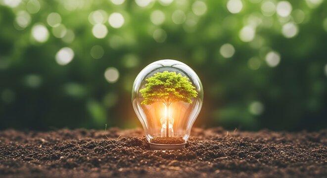 A glowing lightbulb containing a miniature lush green landscape symbolizing sustainable energy and growth concepts