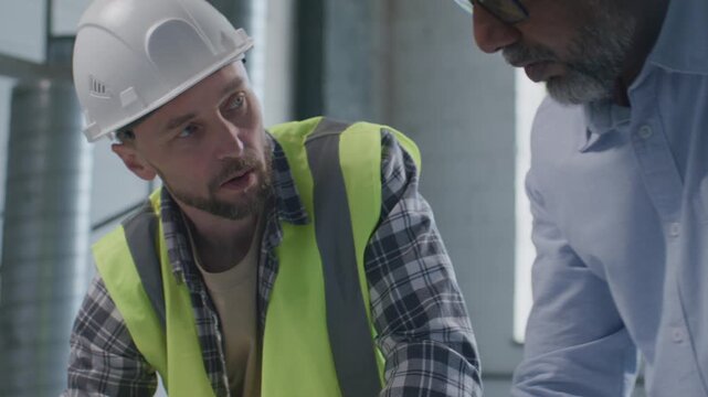 Senior engineer and foreman pointing at technical drawings and discussing building project while working together at construction site. Close up shot