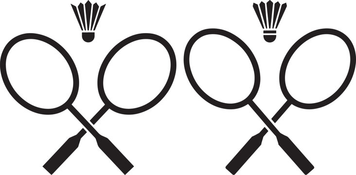 Black silhouette icons of crossed badminton rackets and shuttlecocks with badminton shuttlecock recreation athletics competition activity equipment training exercise silhouette minimalist