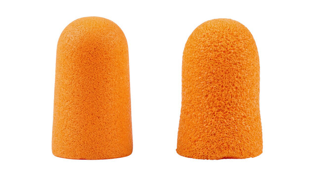Two orange foam earplugs showing different textures