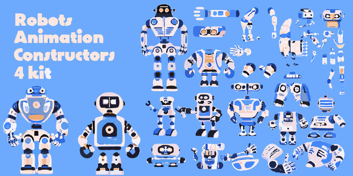 Colorful robot parts and assembled robots for a construction kit