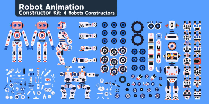 Robot constructor kit with assembled and disassembled robot components displayed