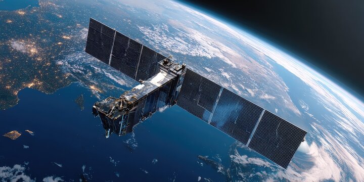 Space satellite with solar panels orbits above Earth's lit continents