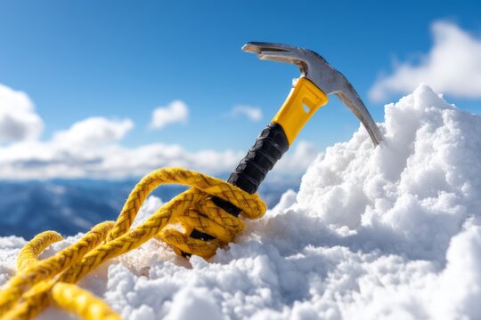 Ice Axe Planted in Snow at Summit of Majestic Mountain Range