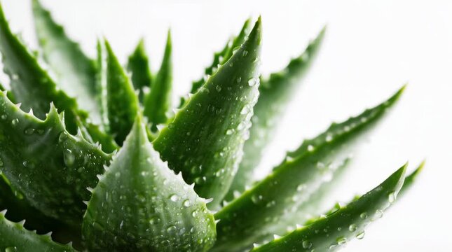 Close-up of a green aloe vera plant with water droplets on its leaves. The plant has thick, pointed leaves with serrated edges.
