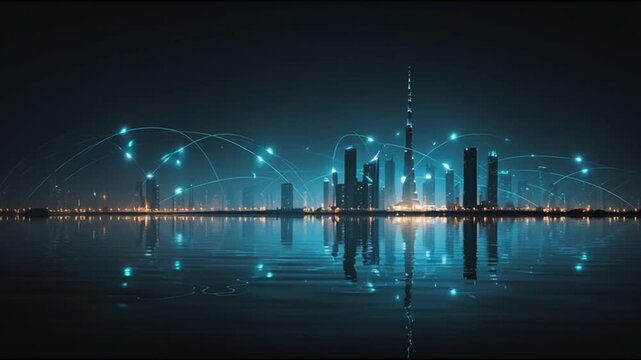 smart, digital, city, connection, network, reciprocity, cityscape, concept, future, wireless, social, media, networking systems, connects, people, double, exposure, waves, background, artificial intel