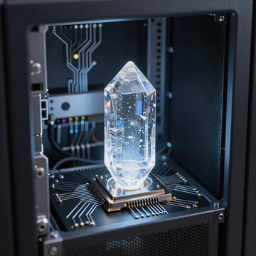 Abstract Server Open. A Futuristic Data Center Concept Showcases A Glowing Core Data Crystal Inside An Open Server Cabinet For Enhanced Cybersecurity